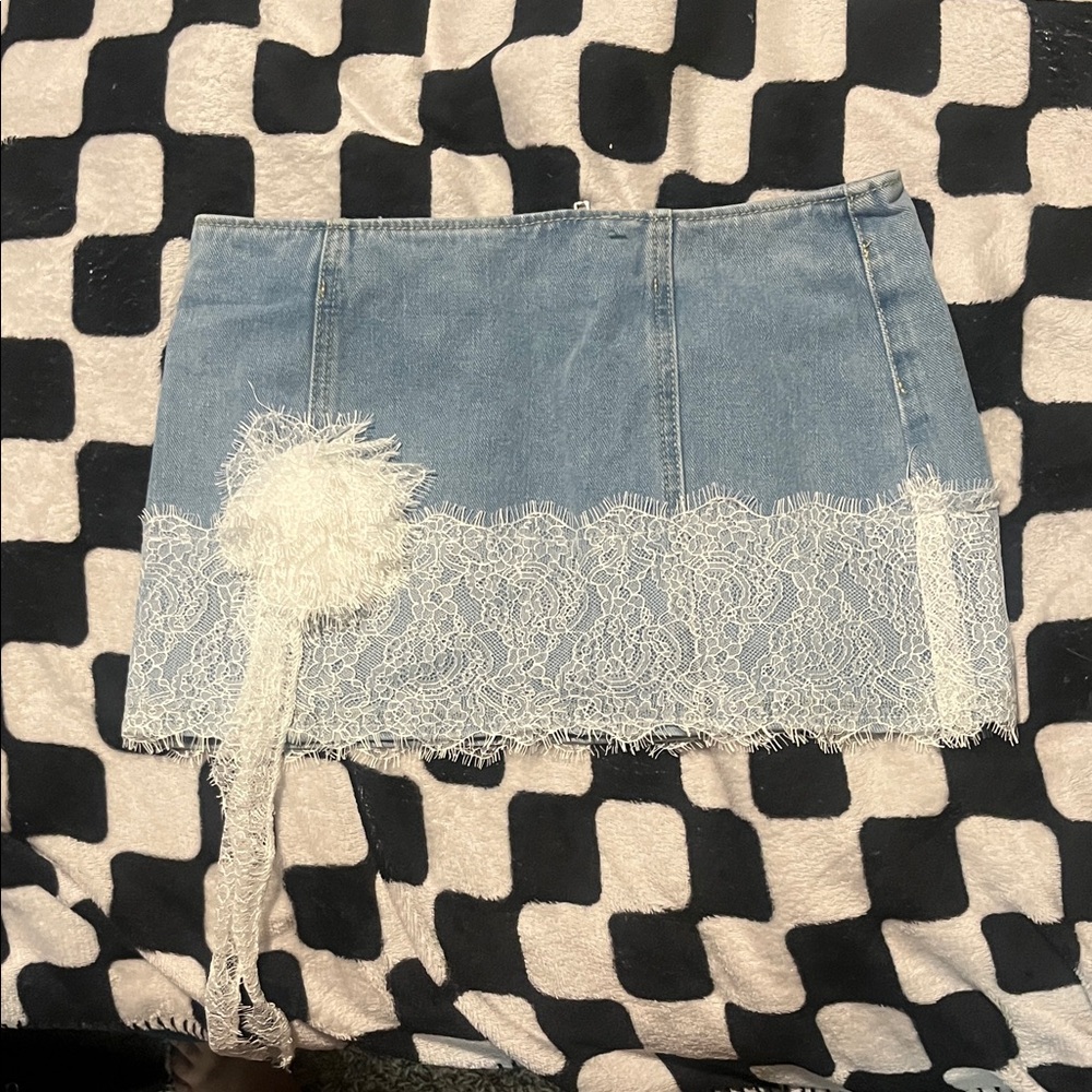 PrettyLittleThing Denim and White Lace Mini Skirt